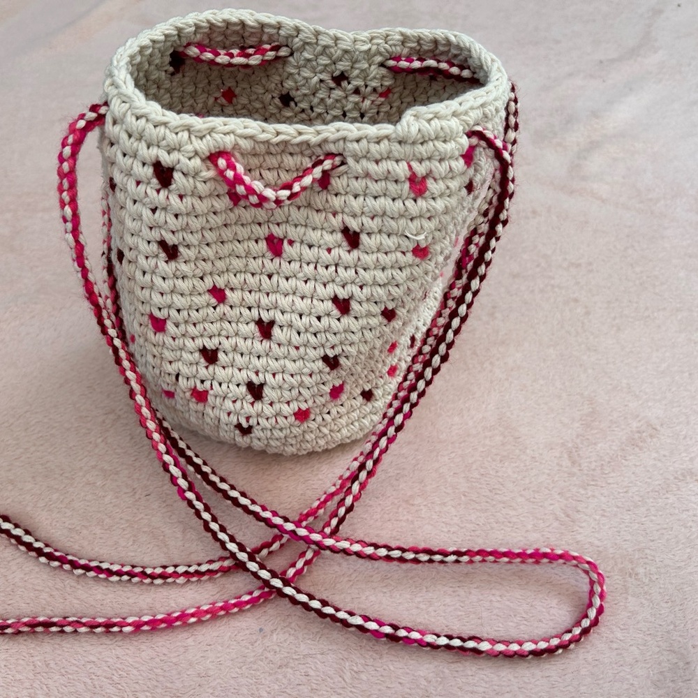 50% OFF LISTED PRICE. Handcrafted Bucket Crochet Crossbody Bag with Pink Accents